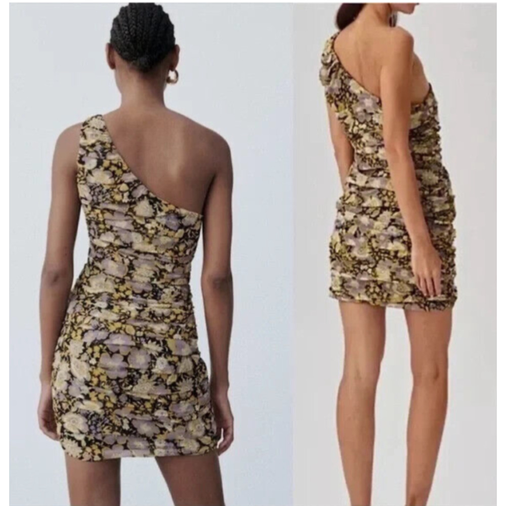 NEW ZARA M One Shoulder Metallic Floral Ruched Mini Dress in Gold/Purple $50 D53